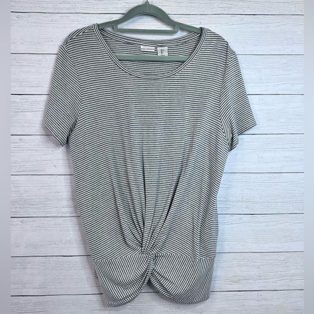 Max Studio Gray White Striped Scoop Neck Twist Front Short Sleeve Top Large 💗 - Picture 3 of 6